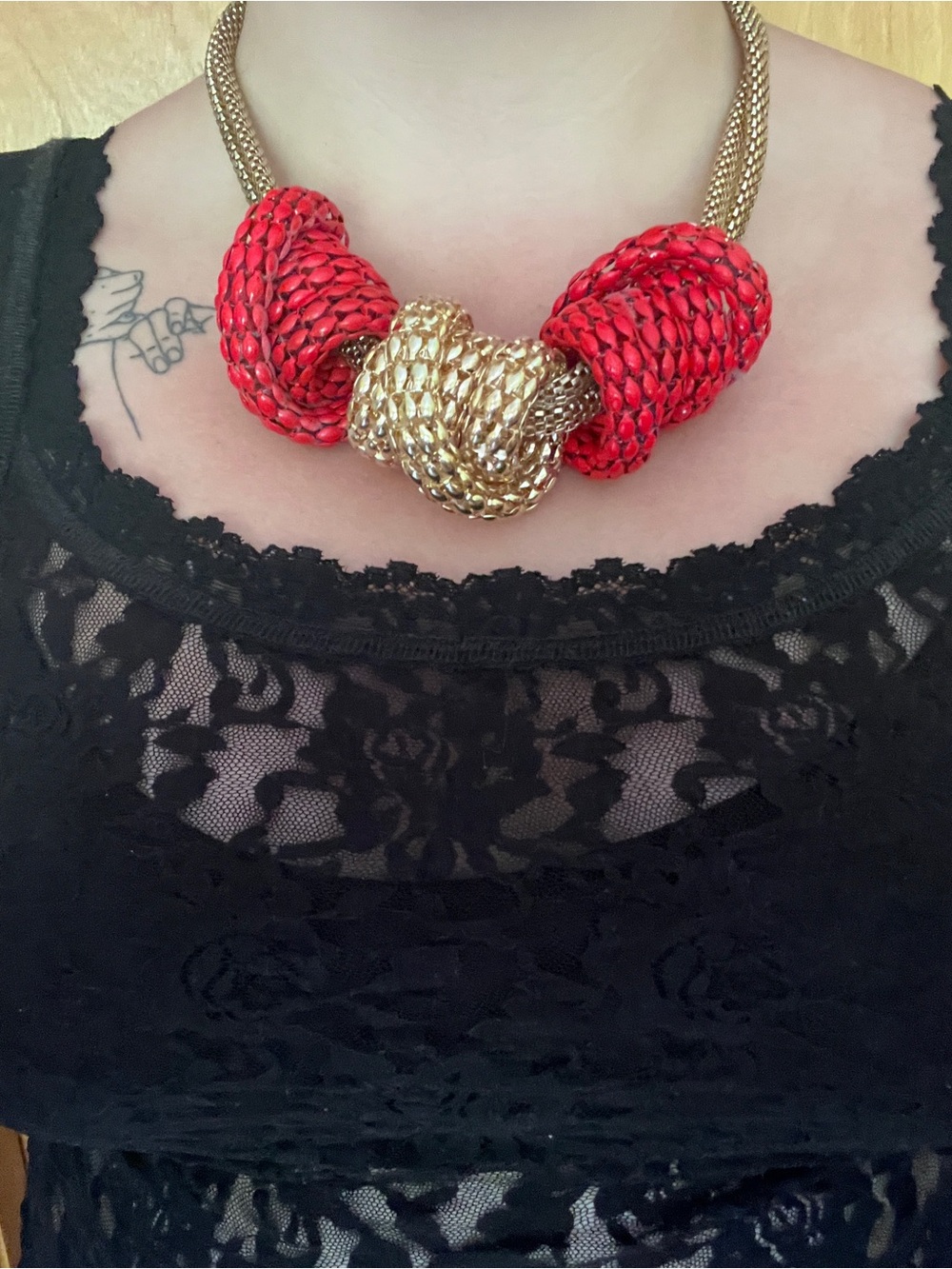 Red Braided Knot Necklace with Gold Accent - Women Jewelry